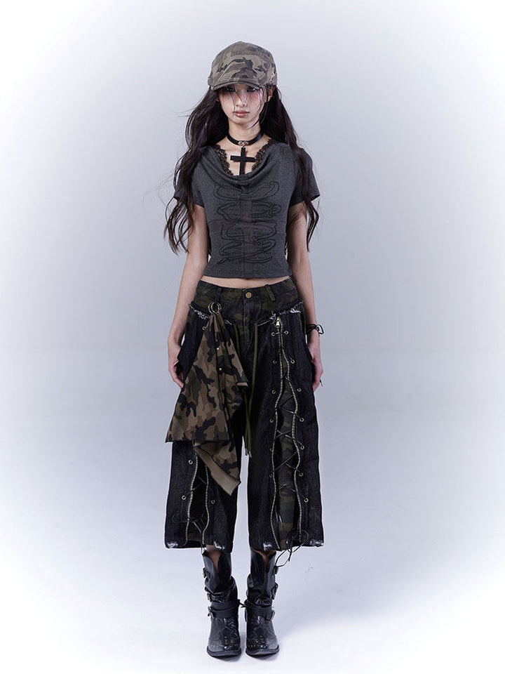 Grunge Camo Lace-Up Wide Leg Jeans