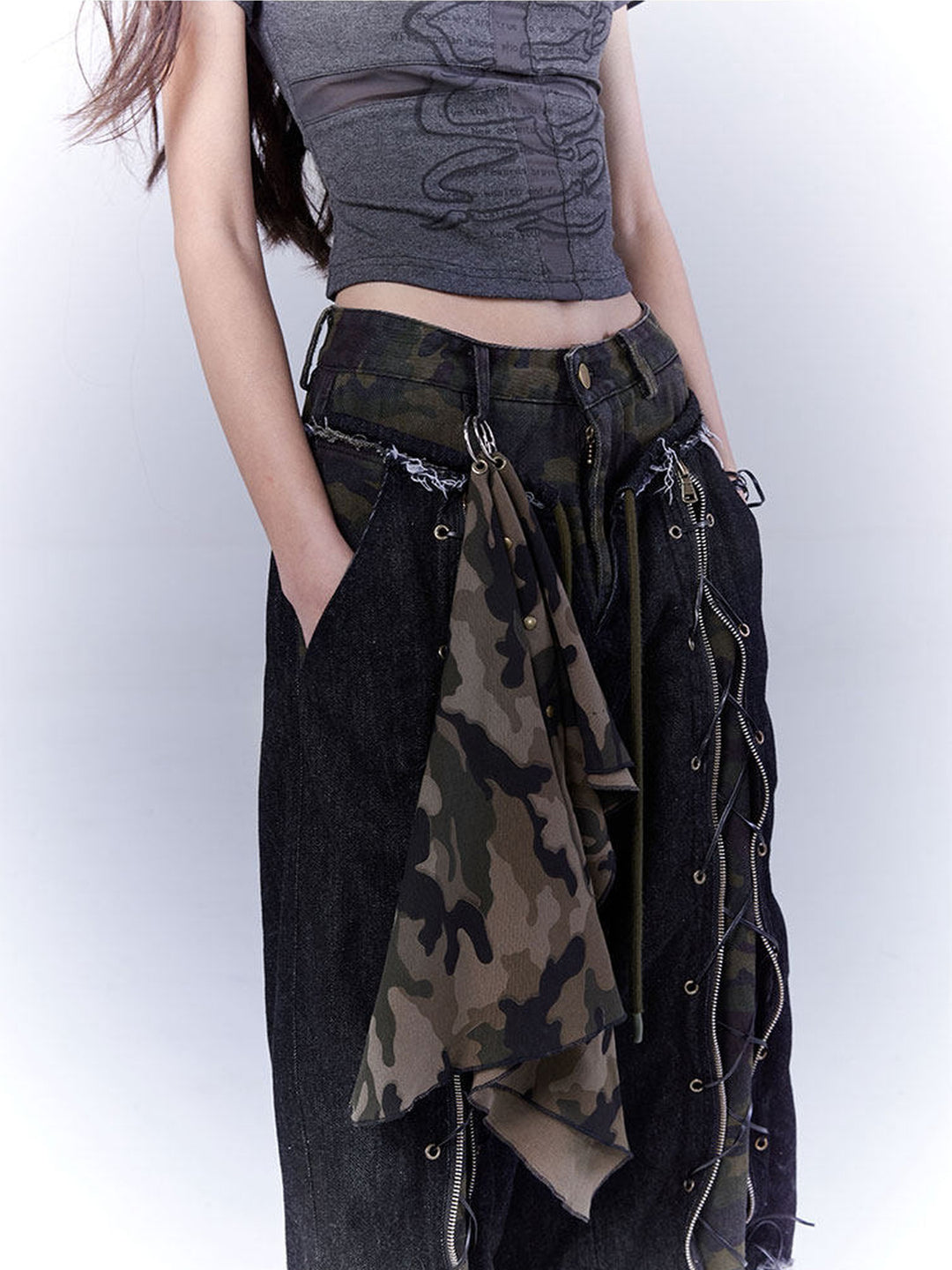 Grunge Camo Lace-Up Wide Leg Jeans