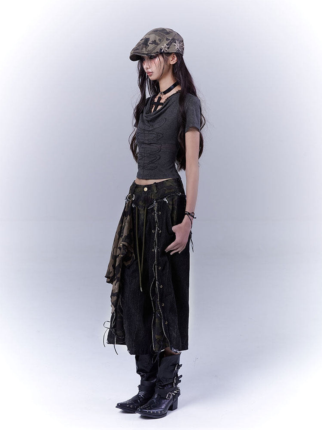 Grunge Camo Lace-Up Wide Leg Jeans
