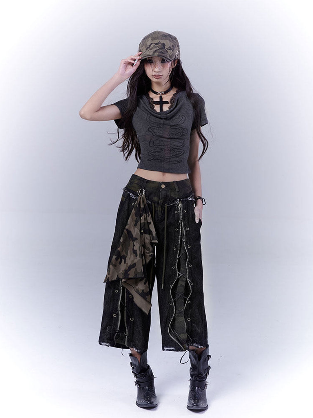 Grunge Camo Lace-Up Wide Leg Jeans