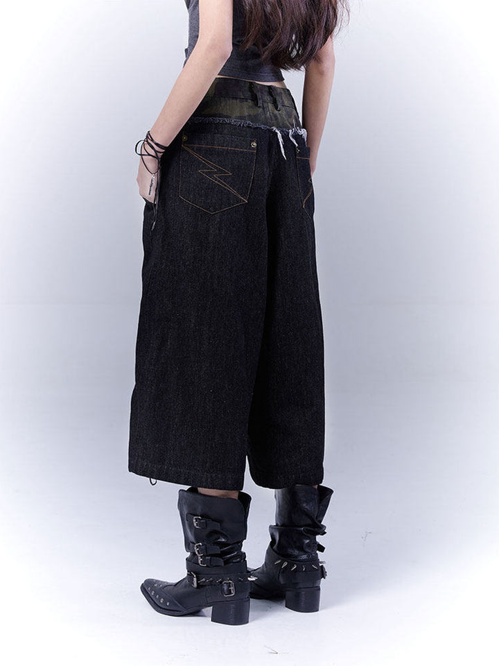 Grunge Camo Lace-Up Wide Leg Jeans