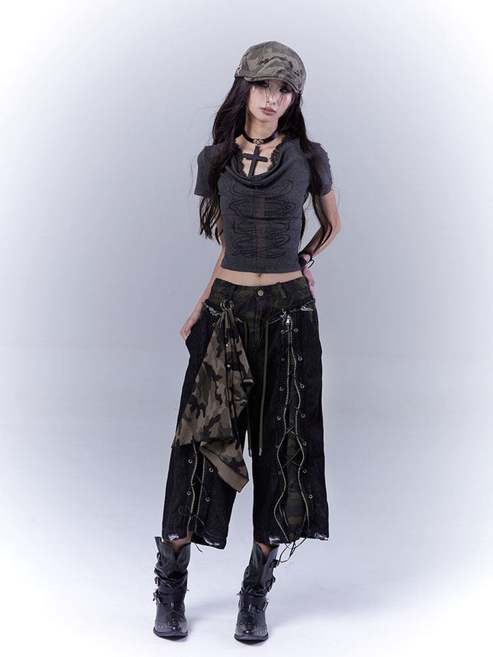 Grunge Camo Lace-Up Wide Leg Jeans