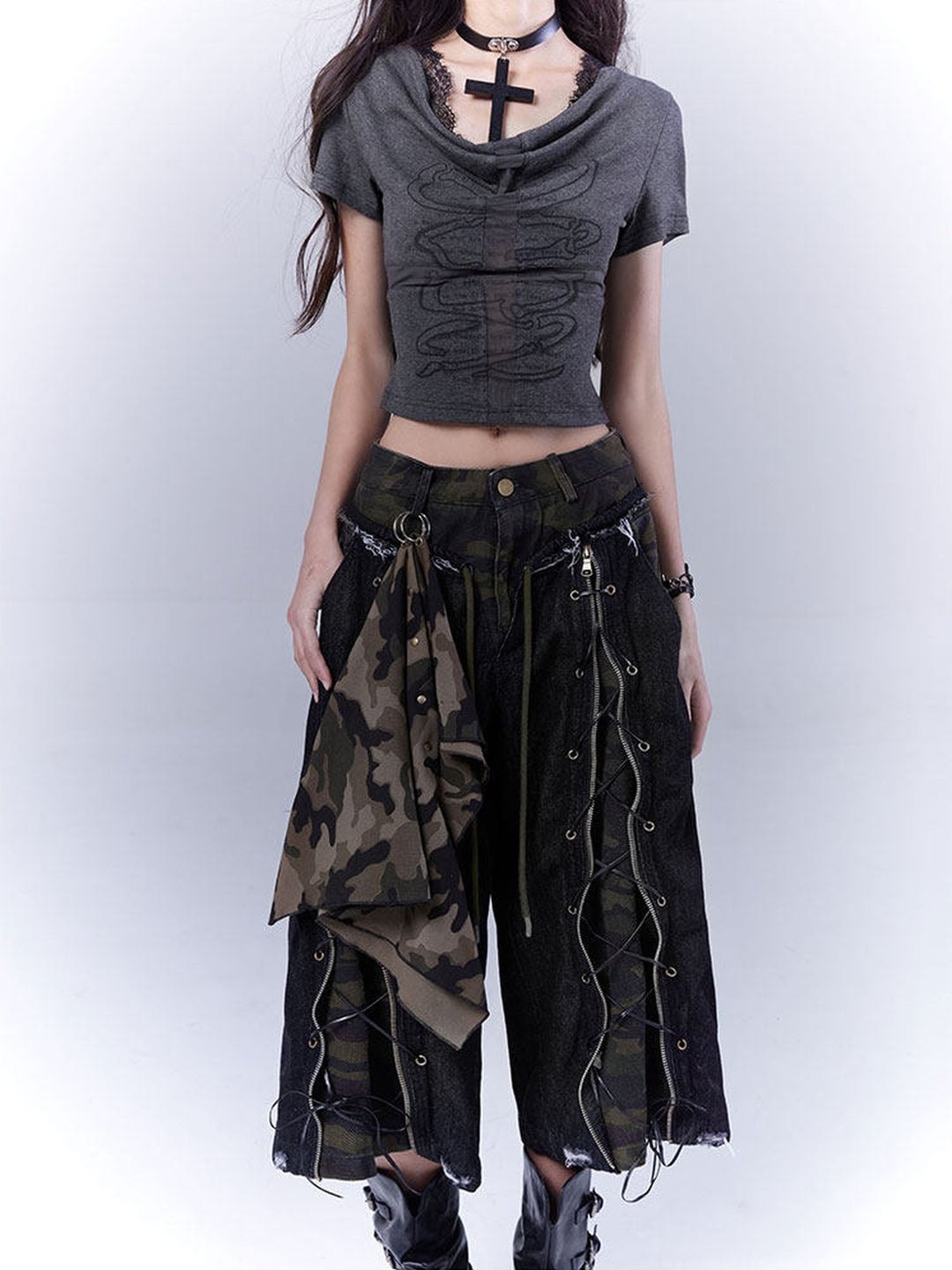 Grunge Camo Lace-Up Wide Leg Jeans
