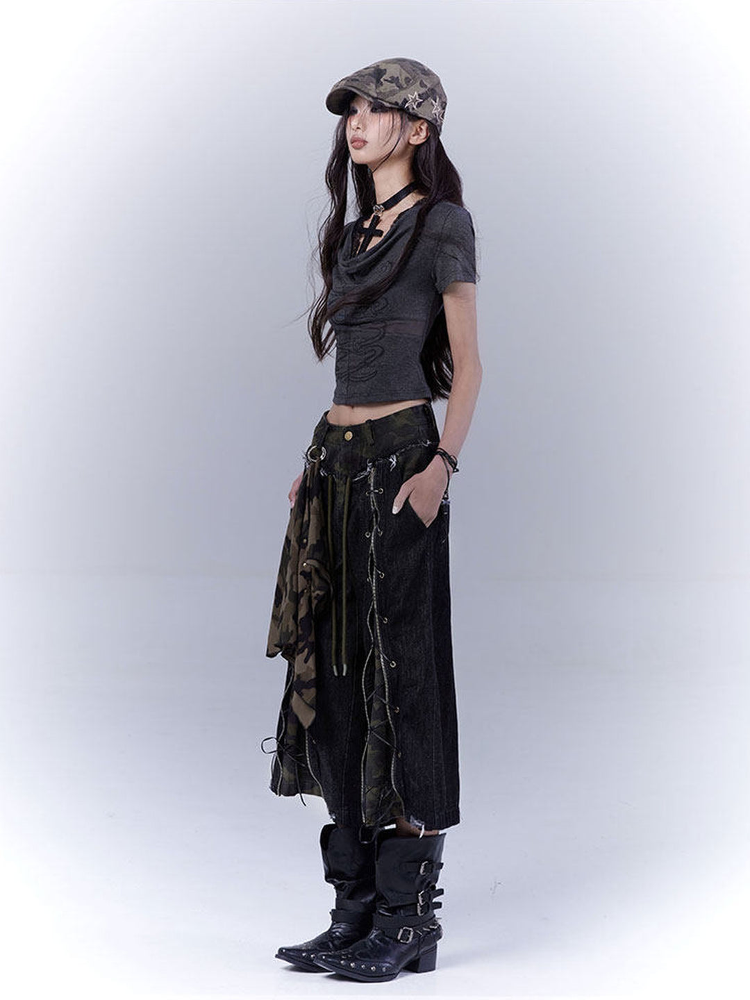 Grunge Camo Lace-Up Wide Leg Jeans