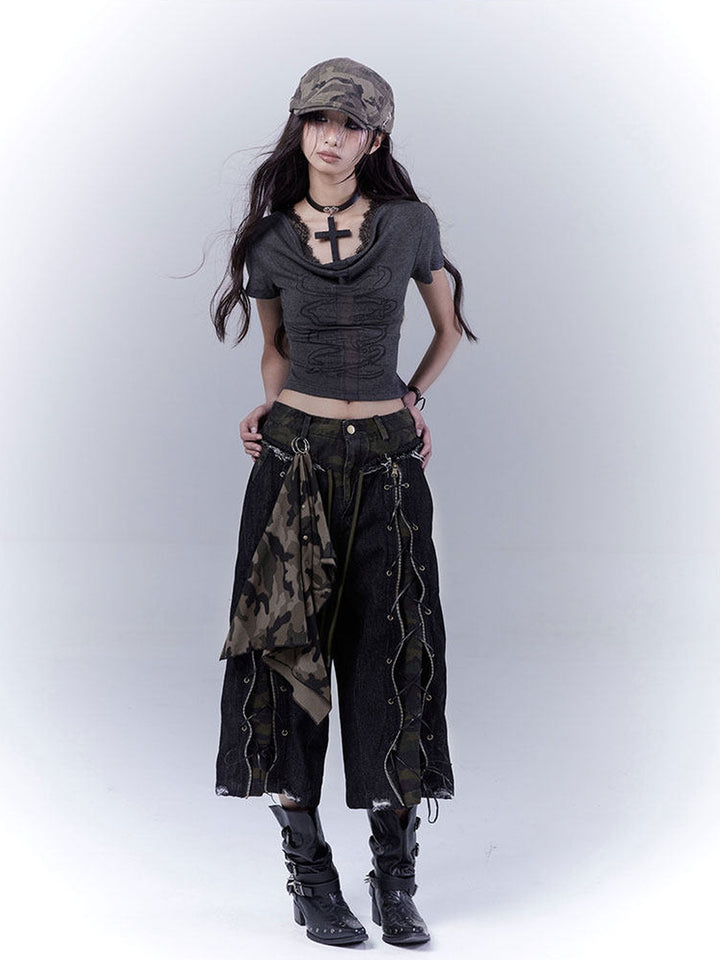 Grunge Camo Lace-Up Wide Leg Jeans