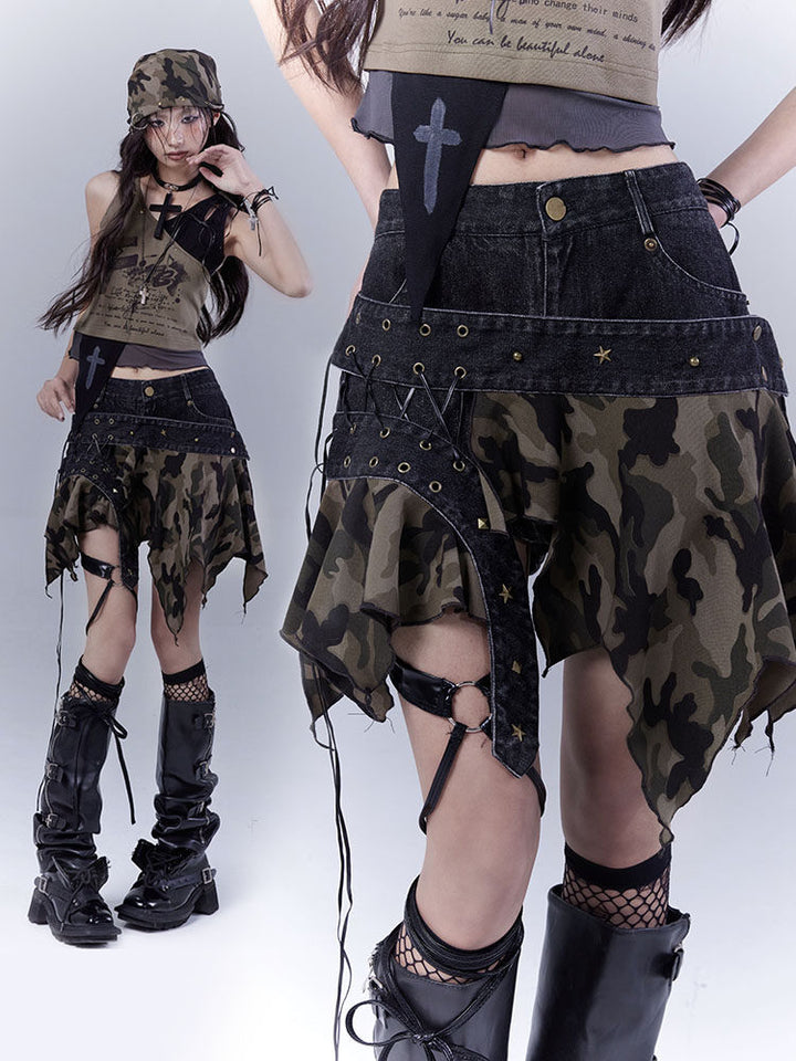 Grunge Camo Lace-Up Skort