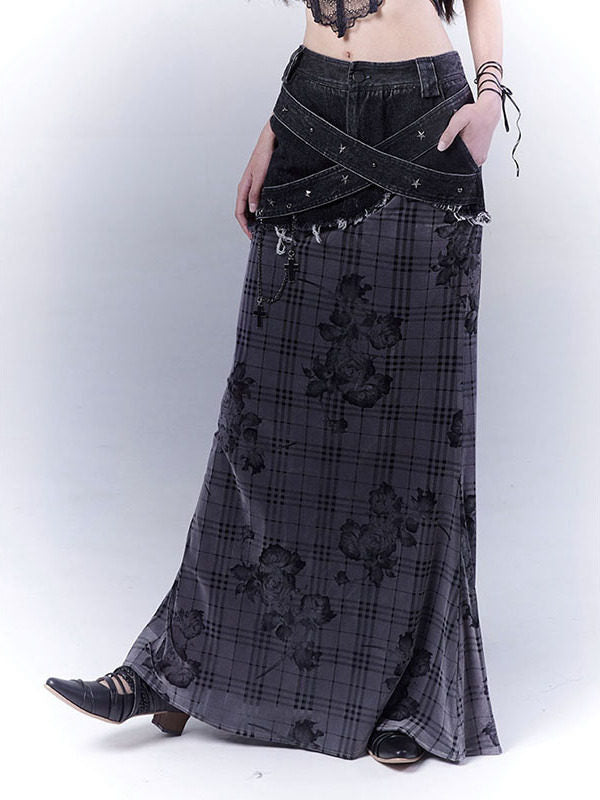 Grunge Floral Plaid Patchwork Maxi Skirt