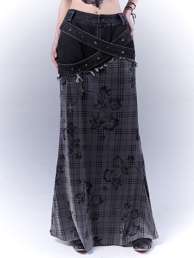 Grunge Floral Plaid Patchwork Maxi Skirt