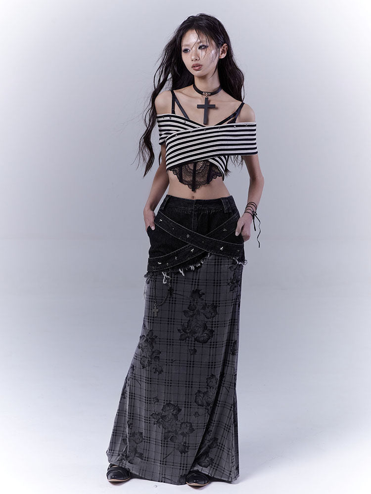 Grunge Floral Plaid Patchwork Maxi Skirt
