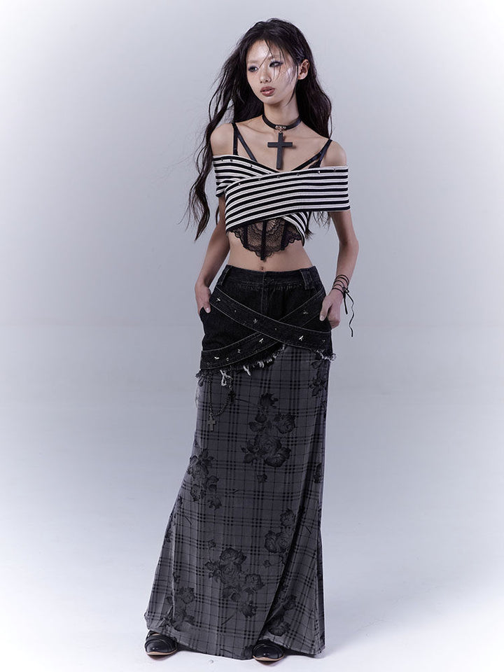 Grunge Floral Plaid Patchwork Maxi Skirt