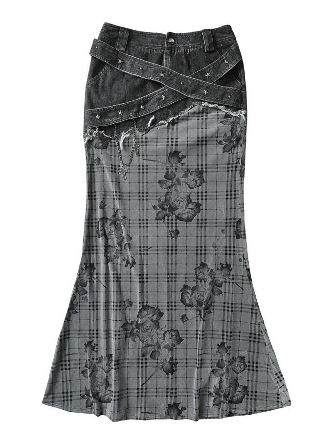 Grunge Floral Plaid Patchwork Maxi Skirt