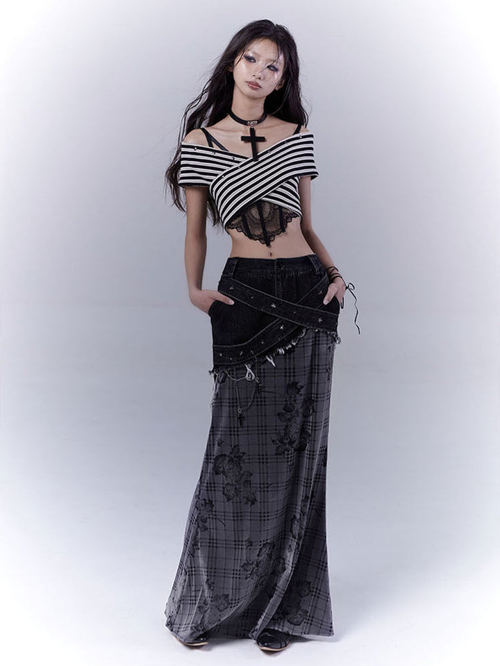 Grunge Floral Plaid Patchwork Maxi Skirt
