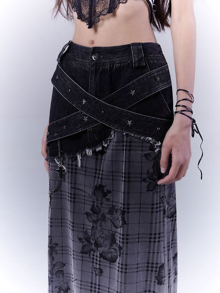 Grunge Floral Plaid Patchwork Maxi Skirt