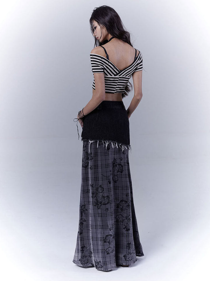 Grunge Floral Plaid Patchwork Maxi Skirt