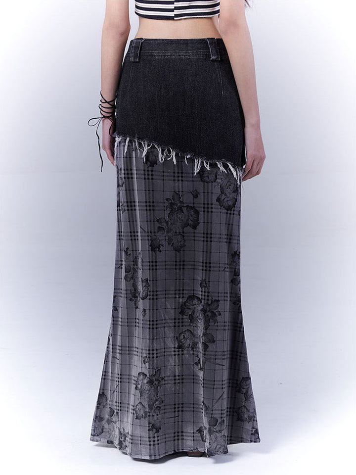 Grunge Floral Plaid Patchwork Maxi Skirt