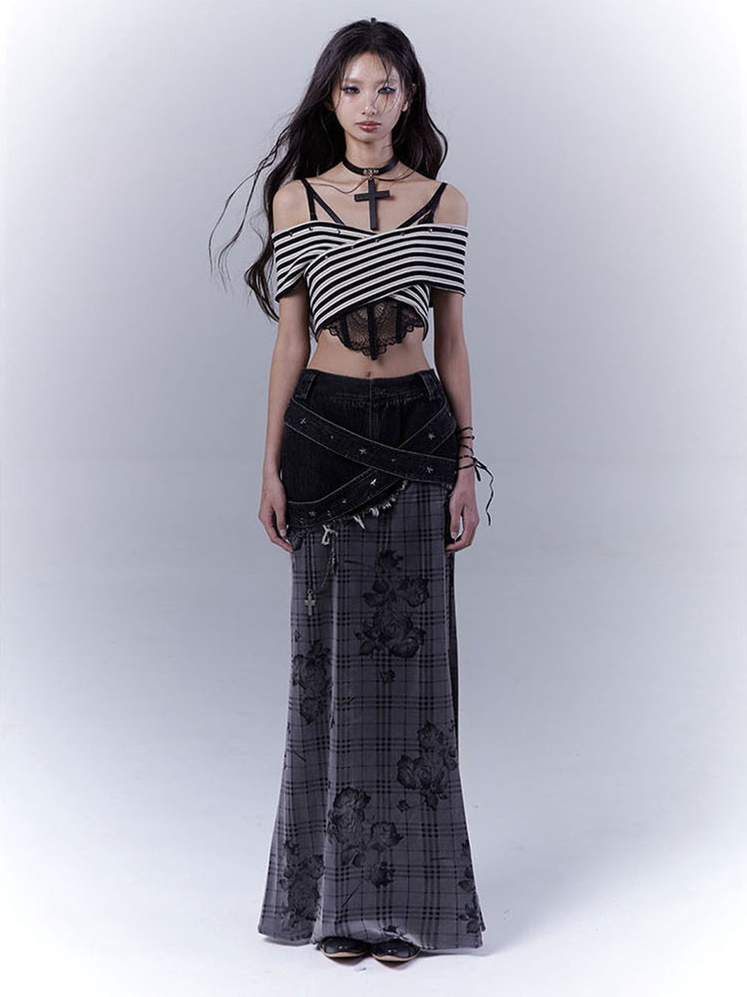 Grunge Floral Plaid Patchwork Maxi Skirt