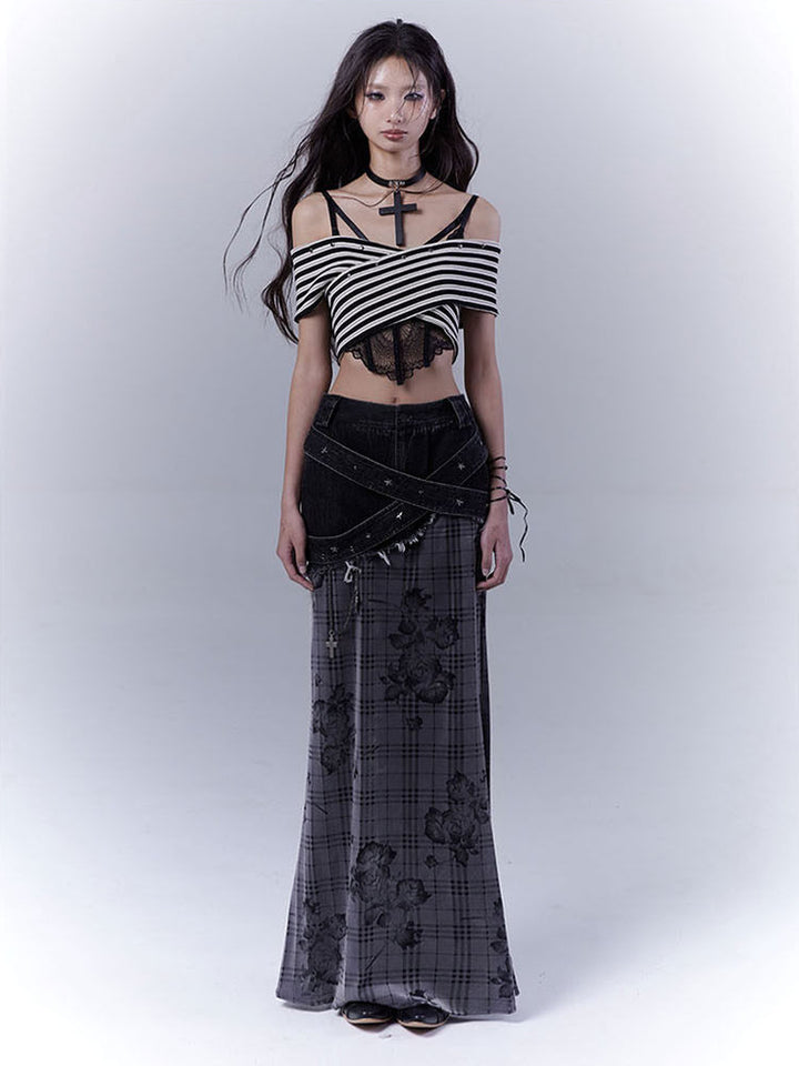 Grunge Floral Plaid Patchwork Maxi Skirt