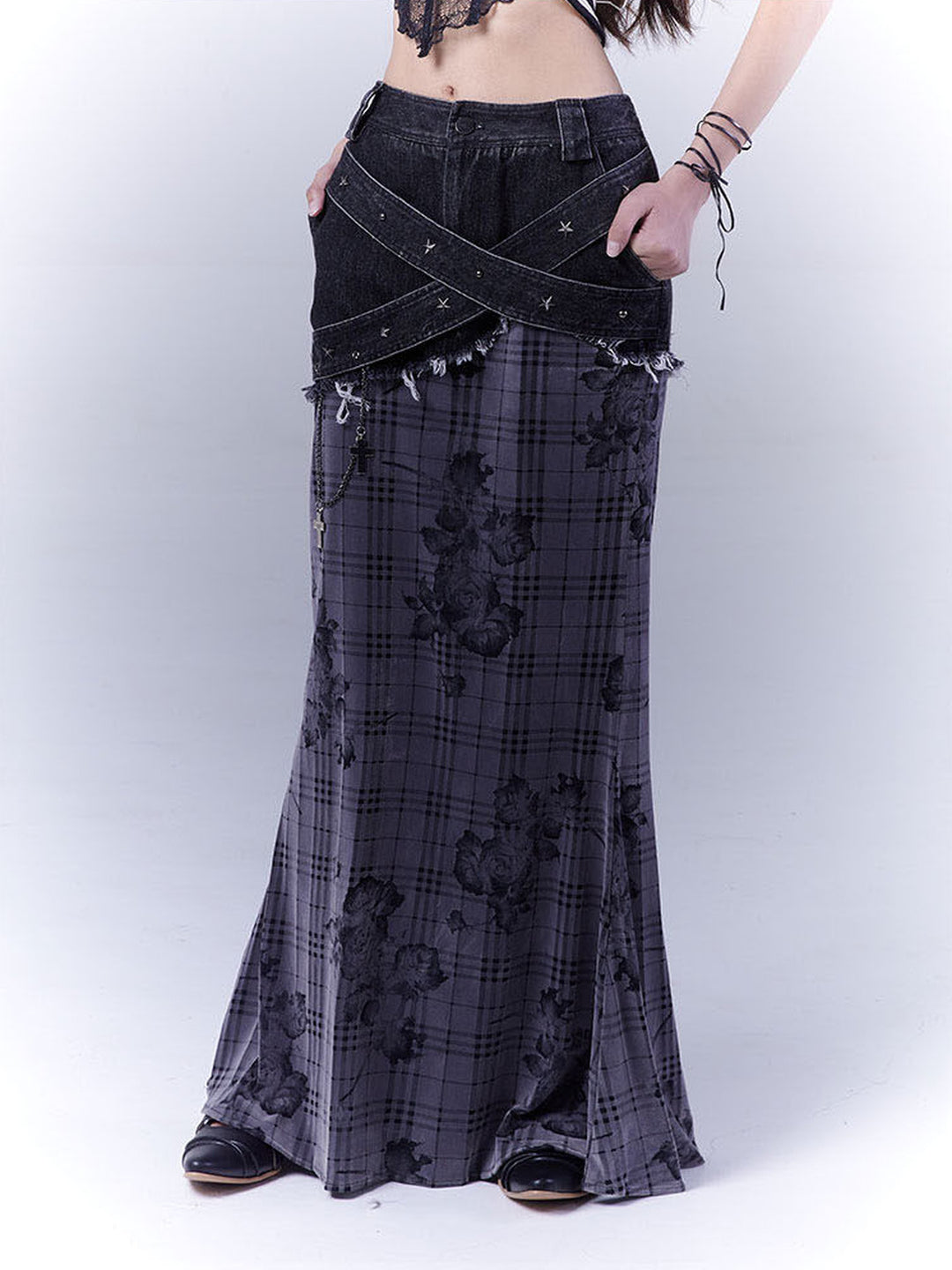 Grunge Floral Plaid Patchwork Maxi Skirt