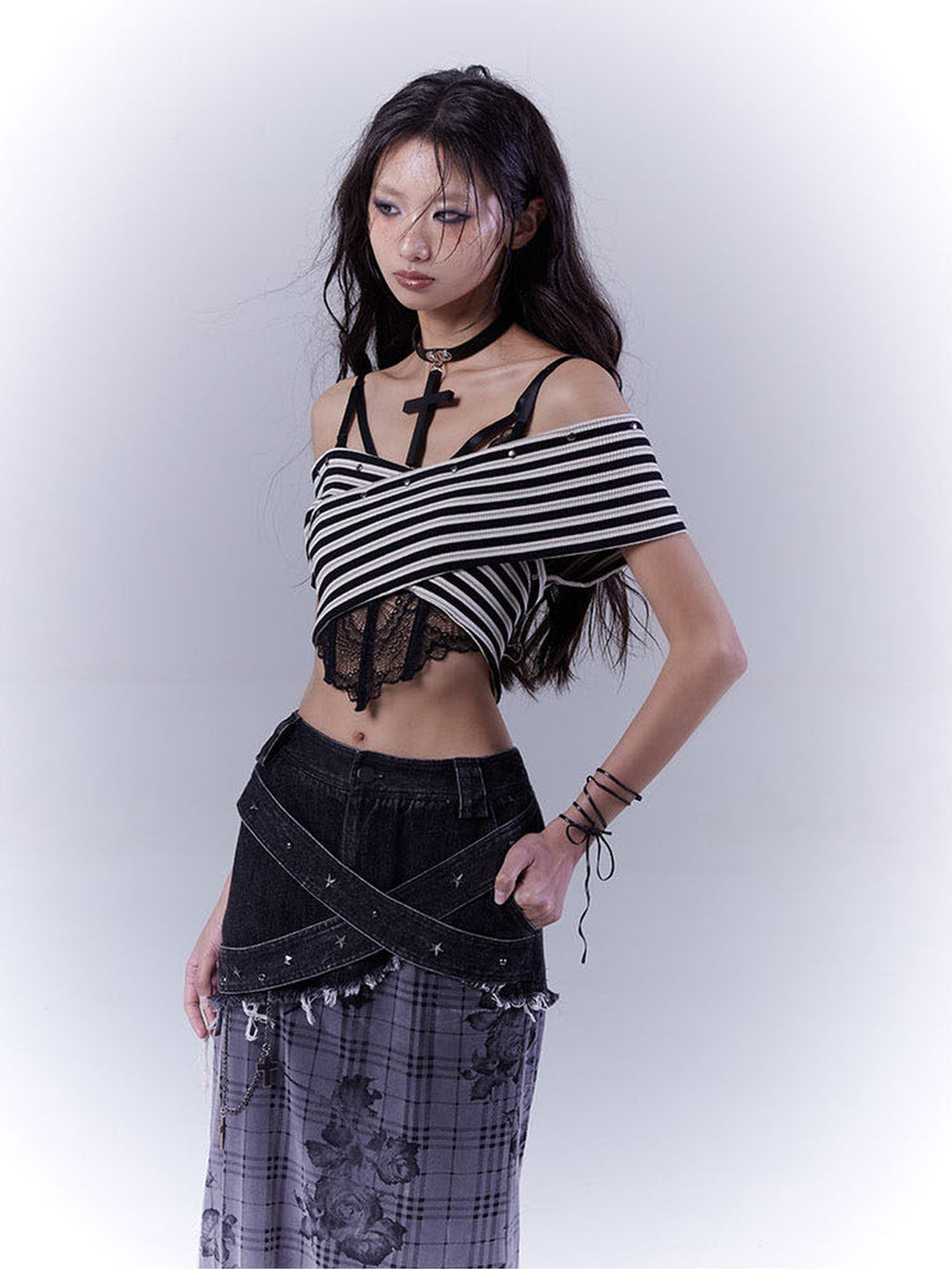 Grunge Floral Plaid Patchwork Maxi Skirt