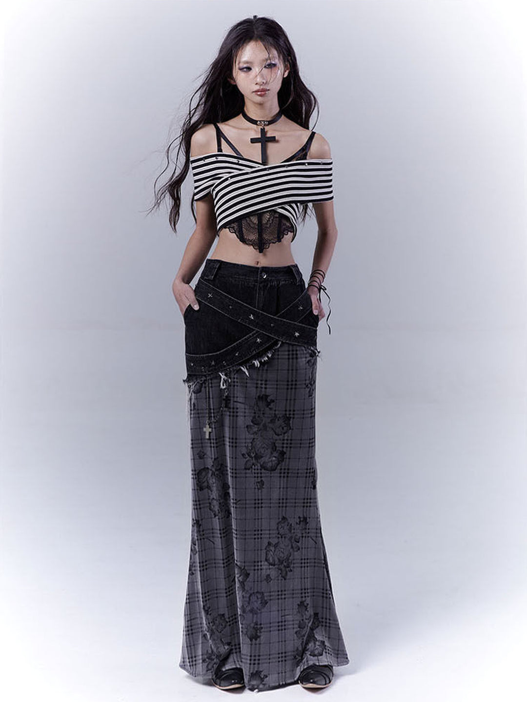 Grunge Floral Plaid Patchwork Maxi Skirt