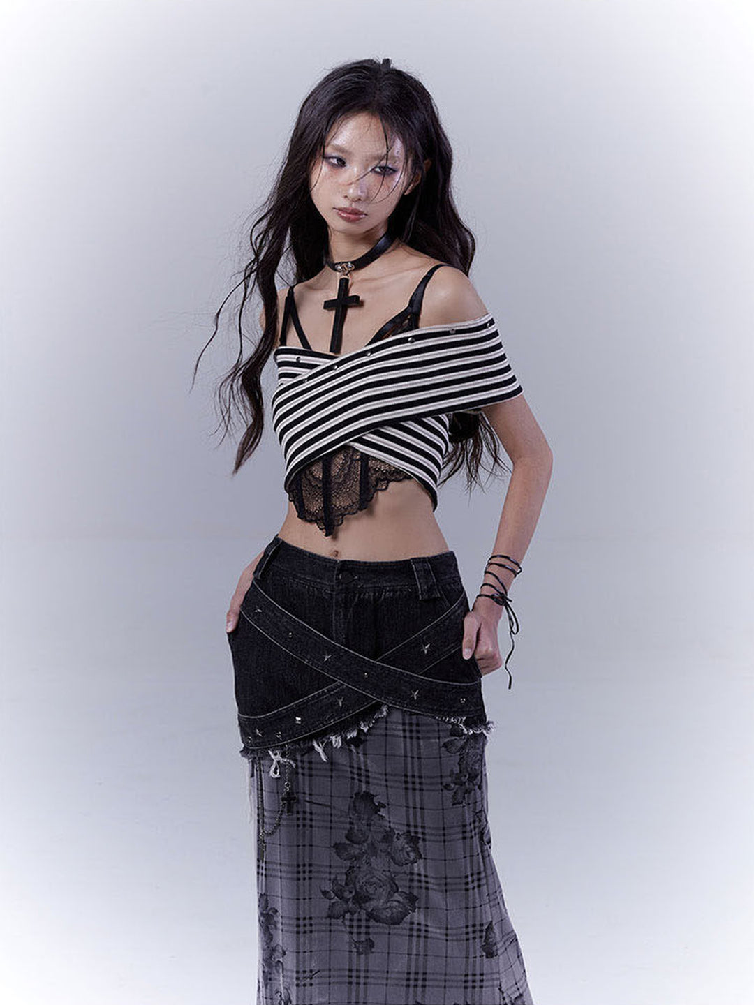 Grunge Floral Plaid Patchwork Maxi Skirt