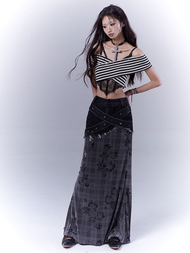 Grunge Floral Plaid Patchwork Maxi Skirt