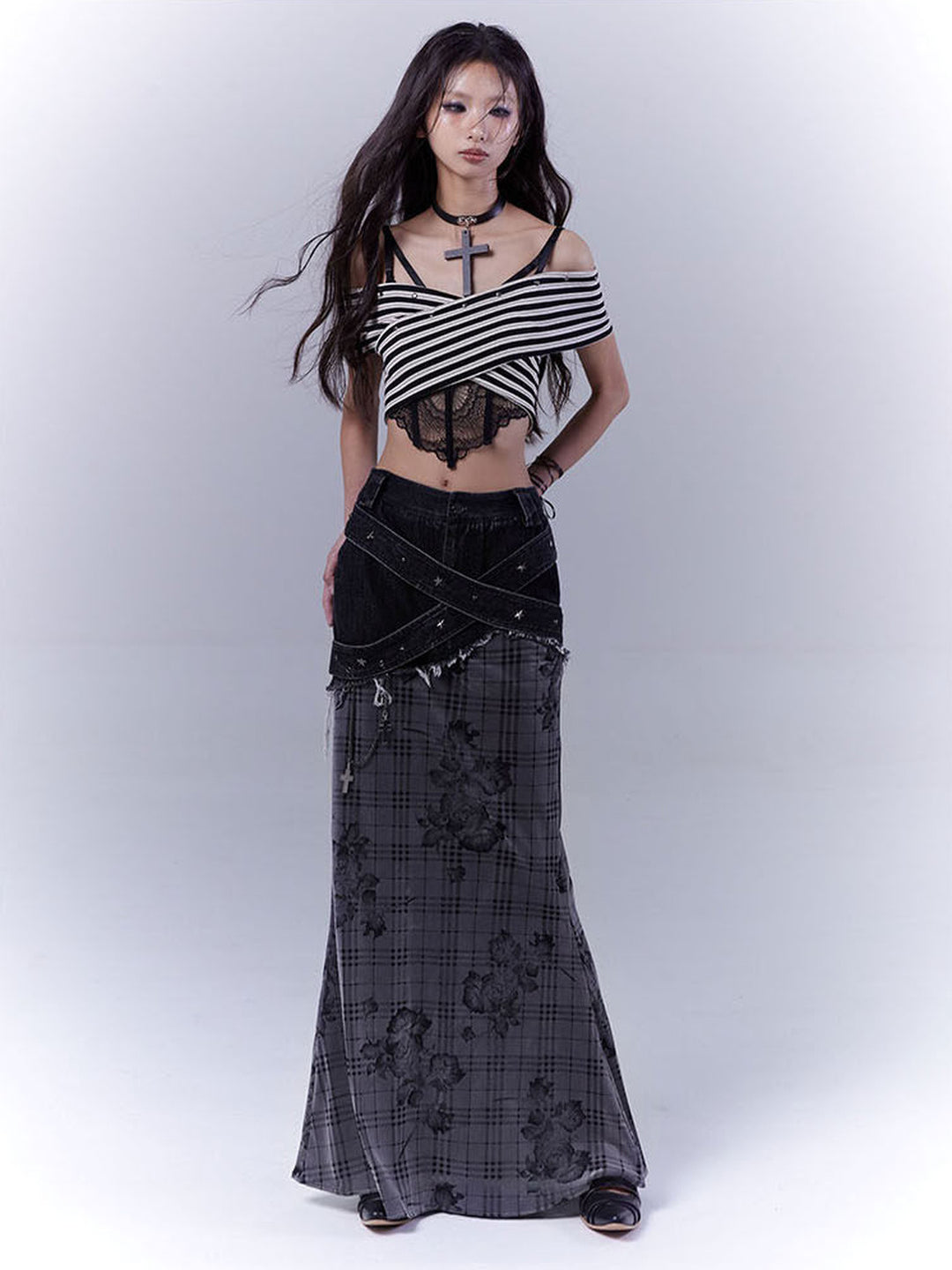 Grunge Floral Plaid Patchwork Maxi Skirt