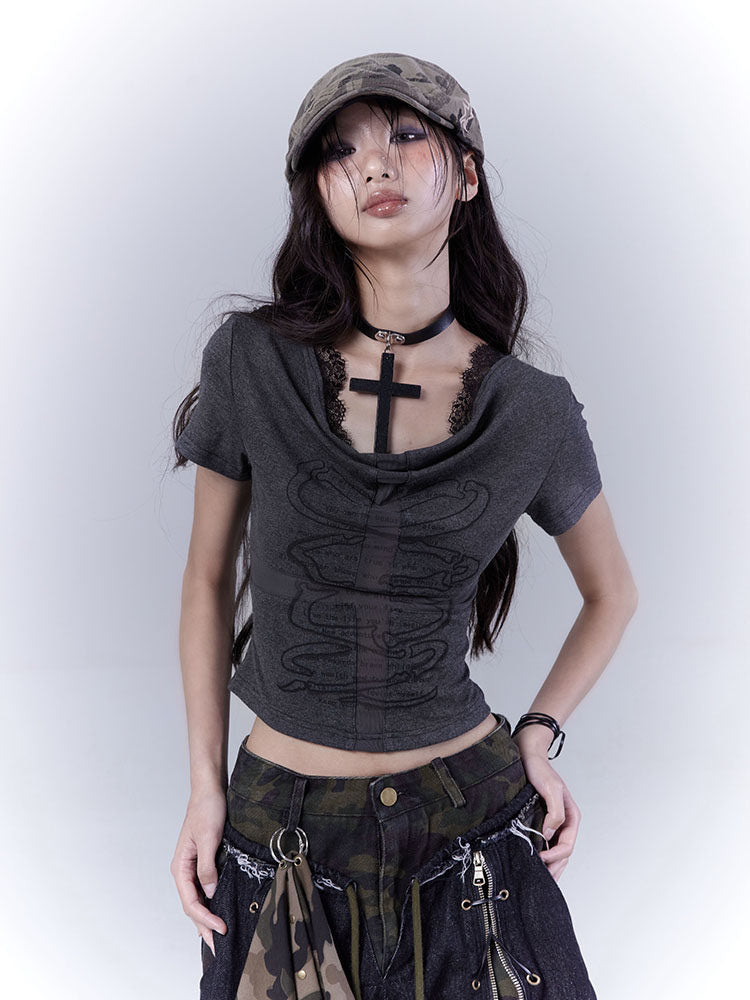 Cowl Neck Graphic Crop Top