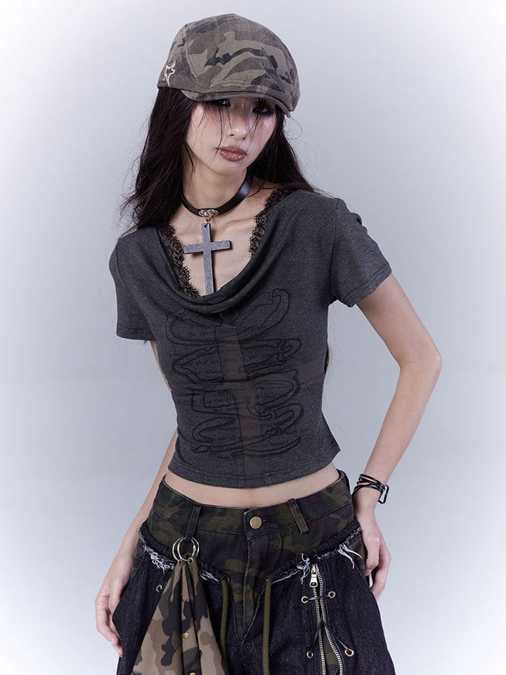 Cowl Neck Graphic Crop Top