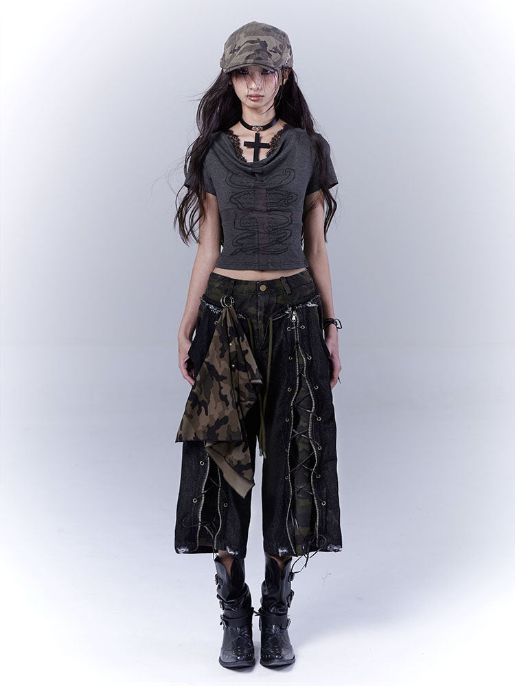 Cowl Neck Graphic Crop Top
