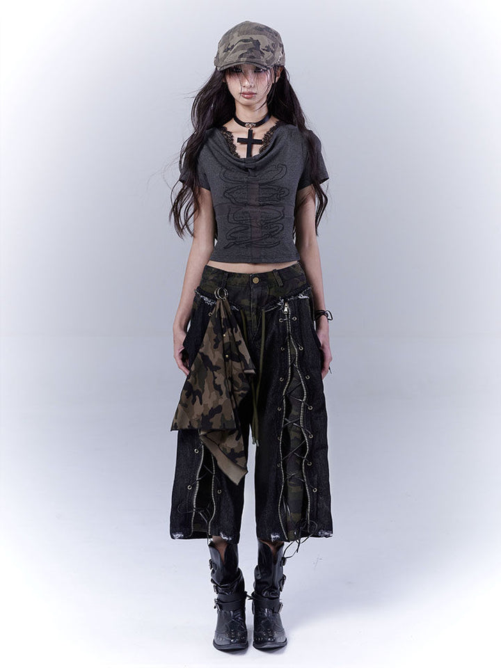 Cowl Neck Graphic Crop Top
