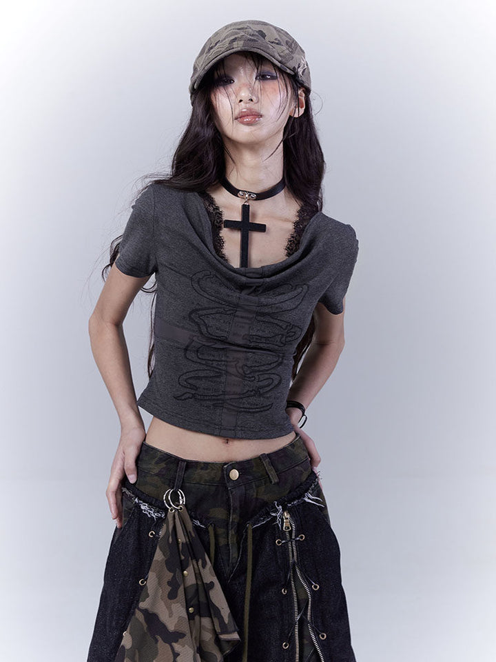Cowl Neck Graphic Crop Top