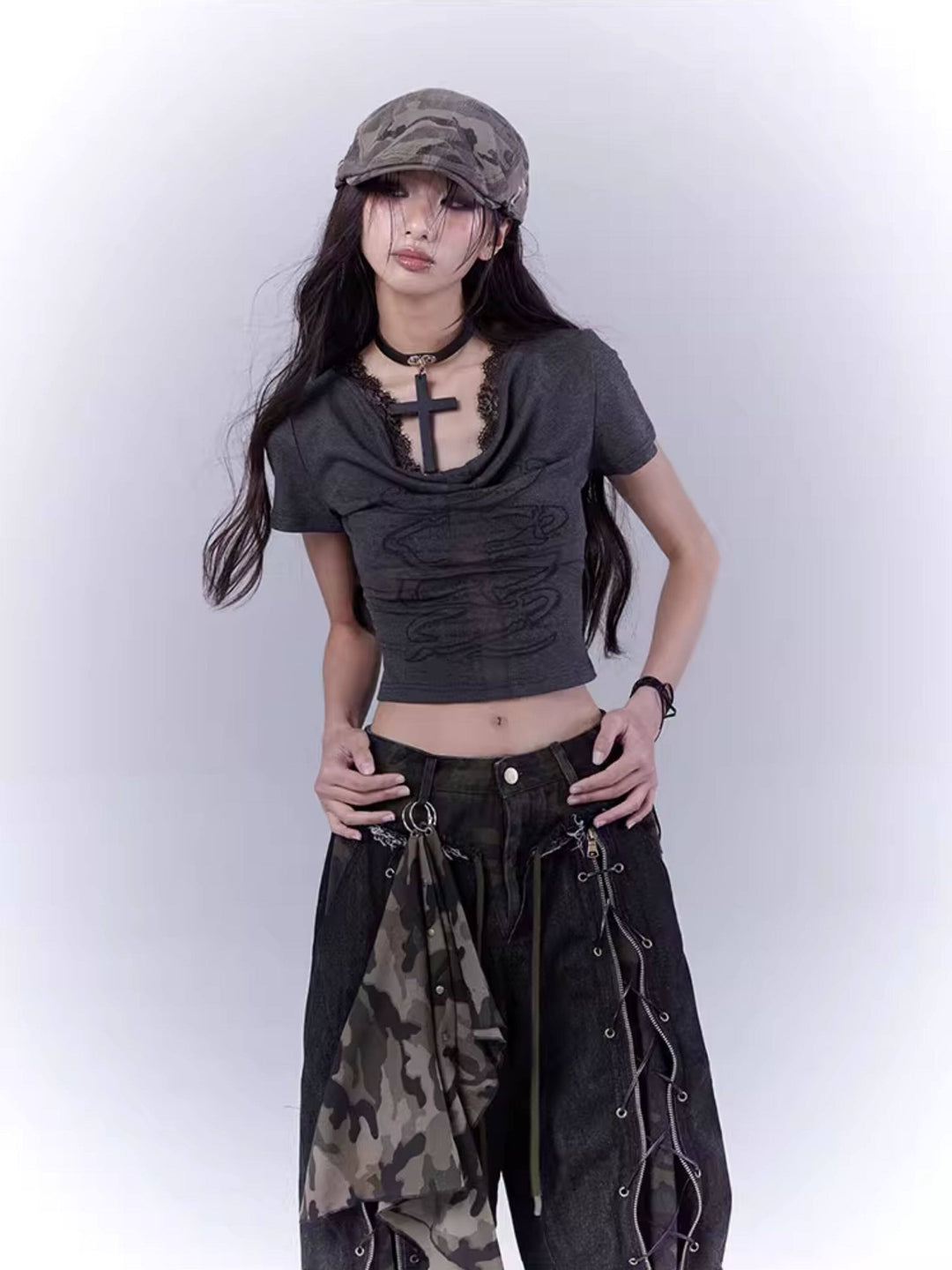 Cowl Neck Graphic Crop Top
