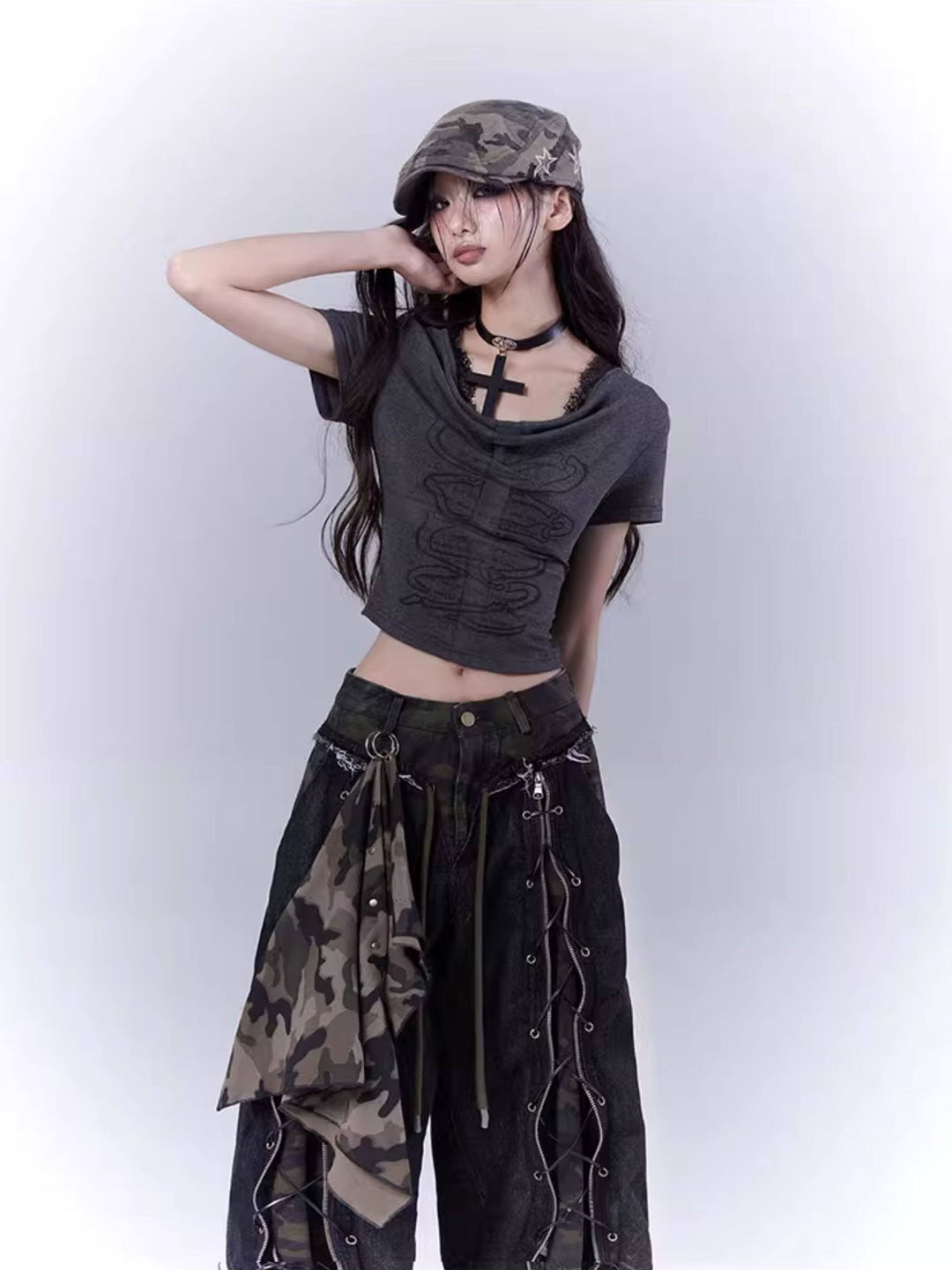 Cowl Neck Graphic Crop Top
