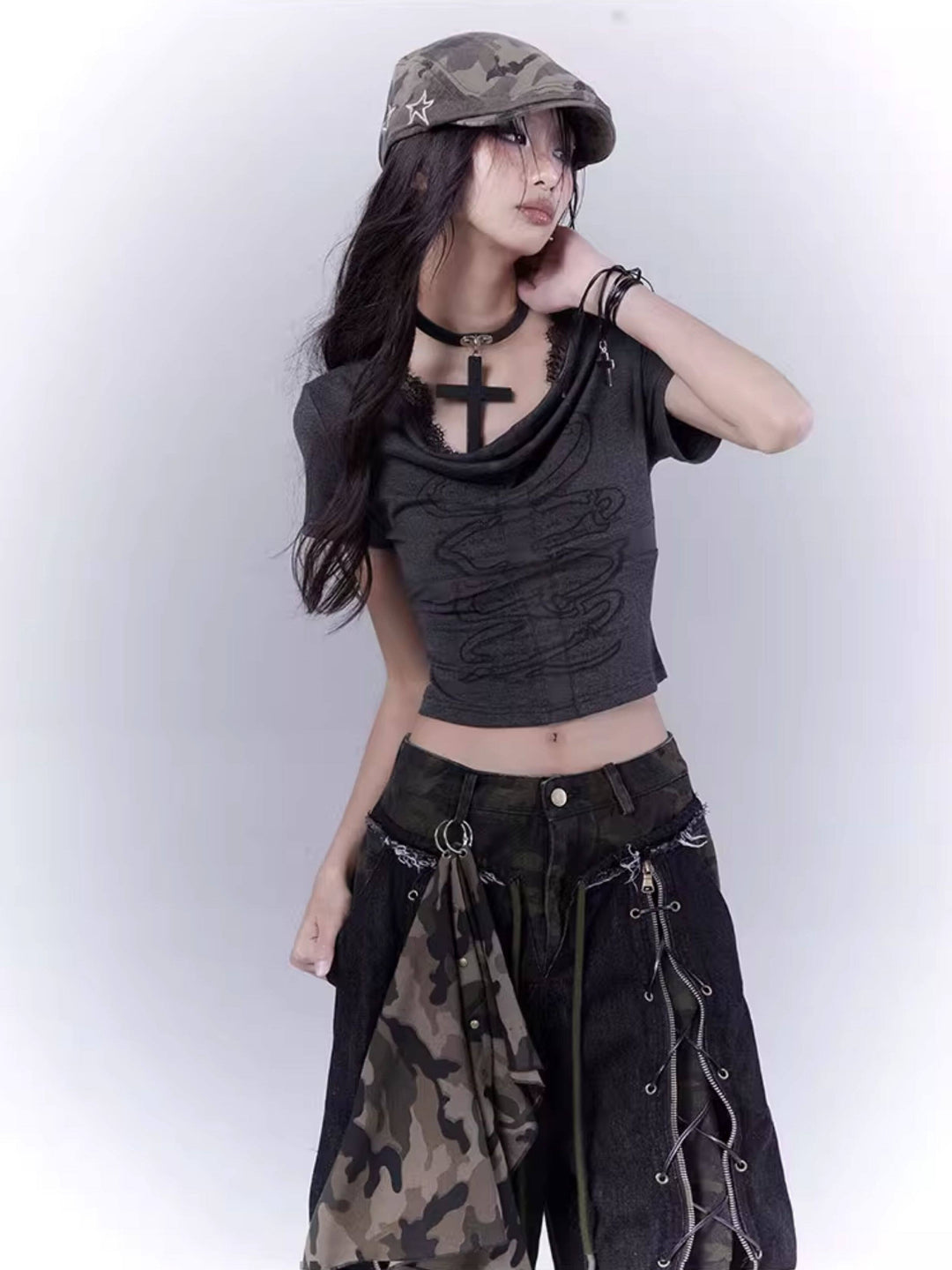 Cowl Neck Graphic Crop Top