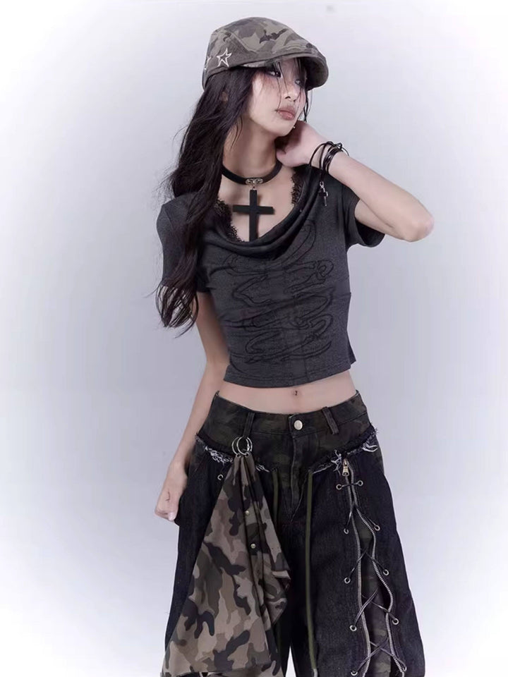 Cowl Neck Graphic Crop Top