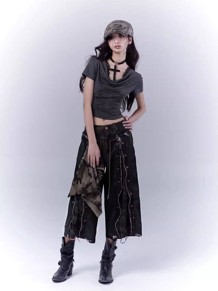 Cowl Neck Graphic Crop Top