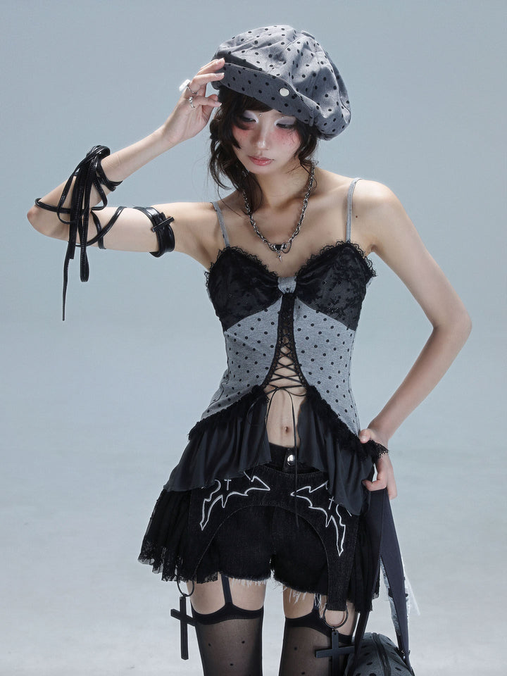Gothic Lace-Up Ruffle Cami Top