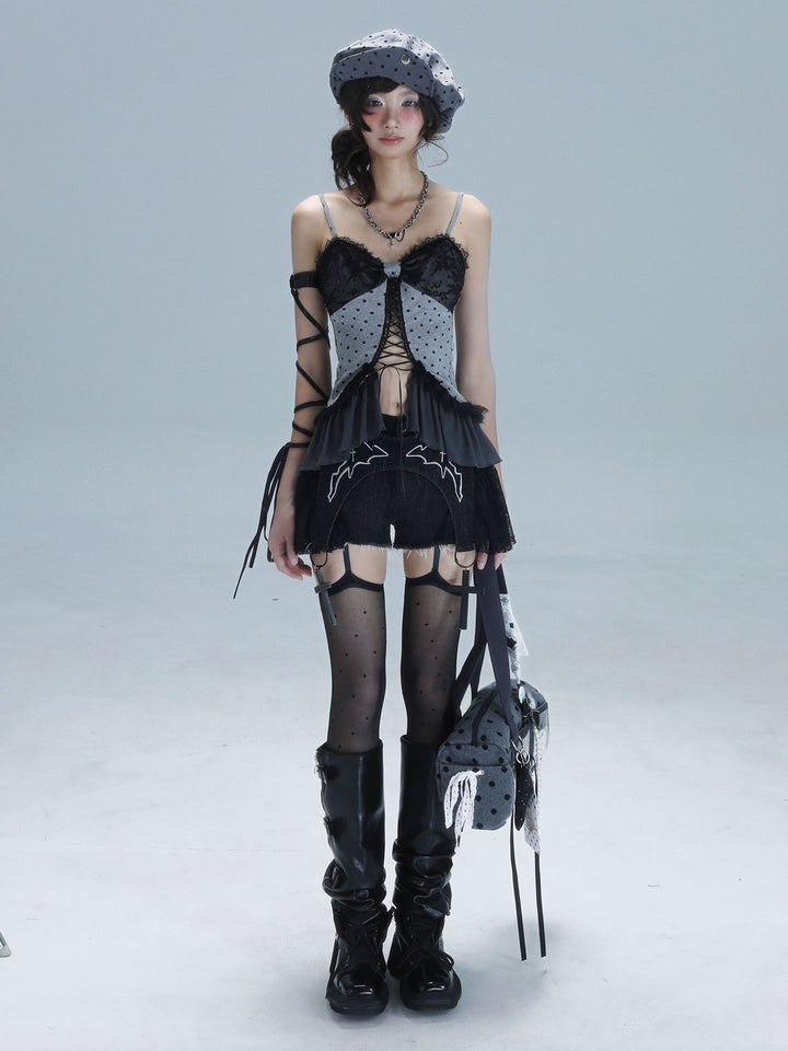 Gothic Lace-Up Ruffle Cami Top