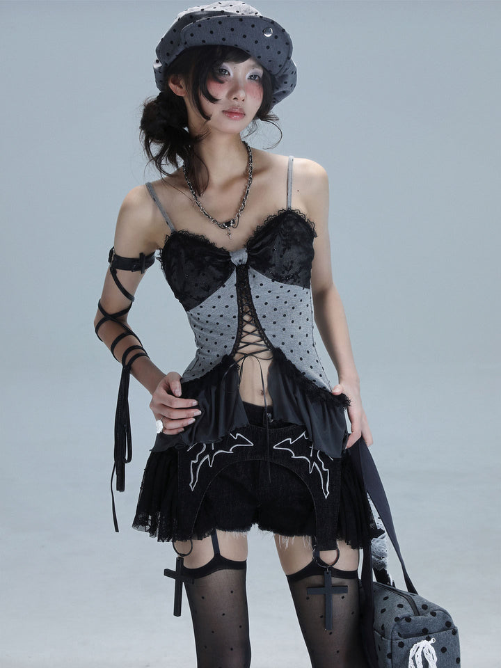 Gothic Lace-Up Ruffle Cami Top