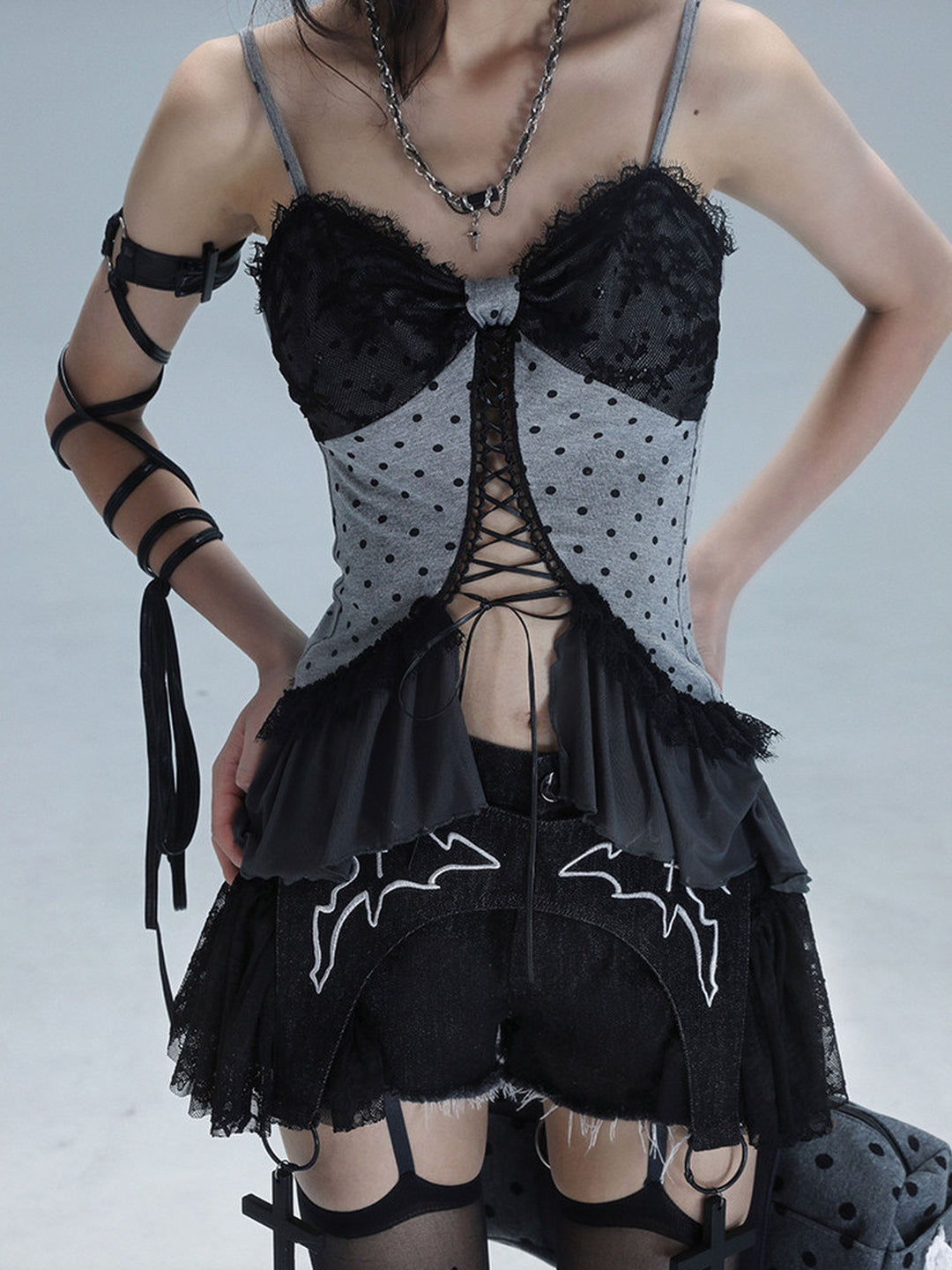 Gothic Lace-Up Ruffle Cami Top