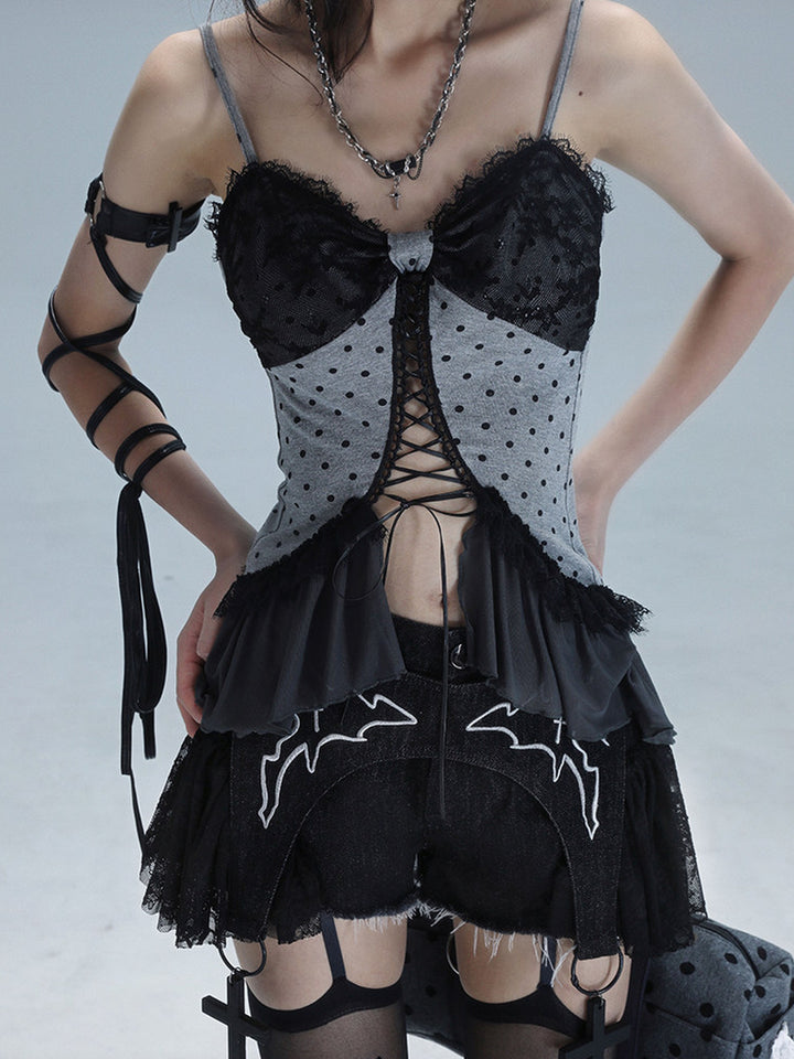 Gothic Lace-Up Ruffle Cami Top