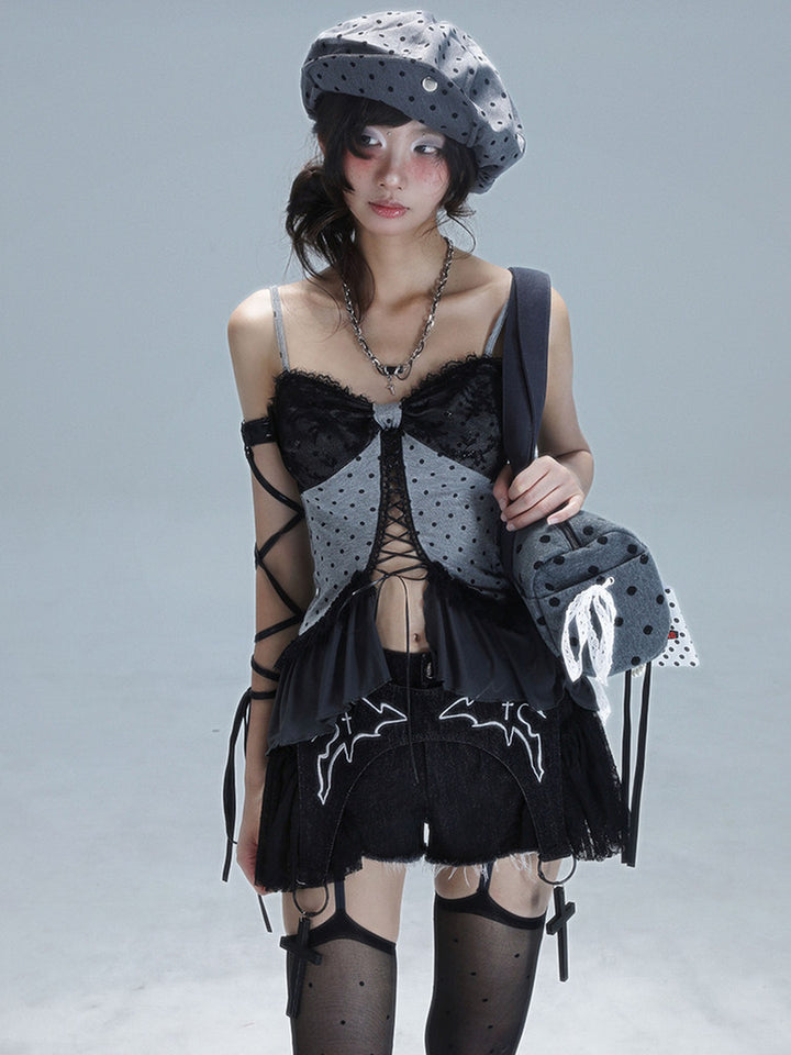 Gothic Lace-Up Ruffle Cami Top