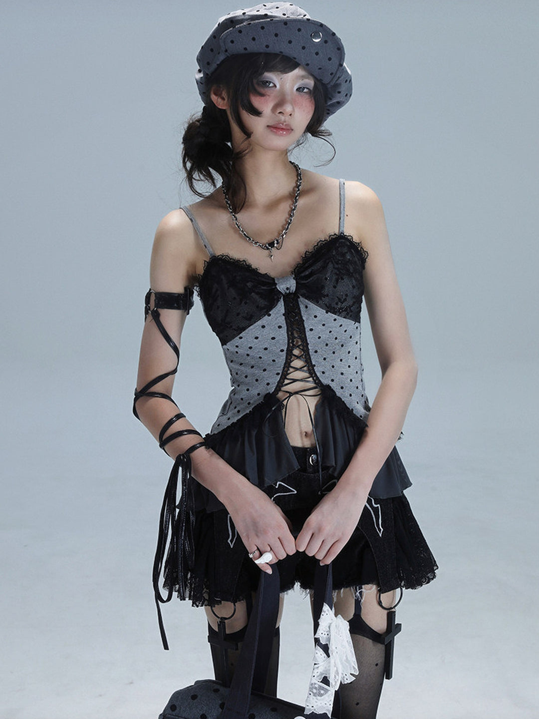 Gothic Lace-Up Ruffle Cami Top