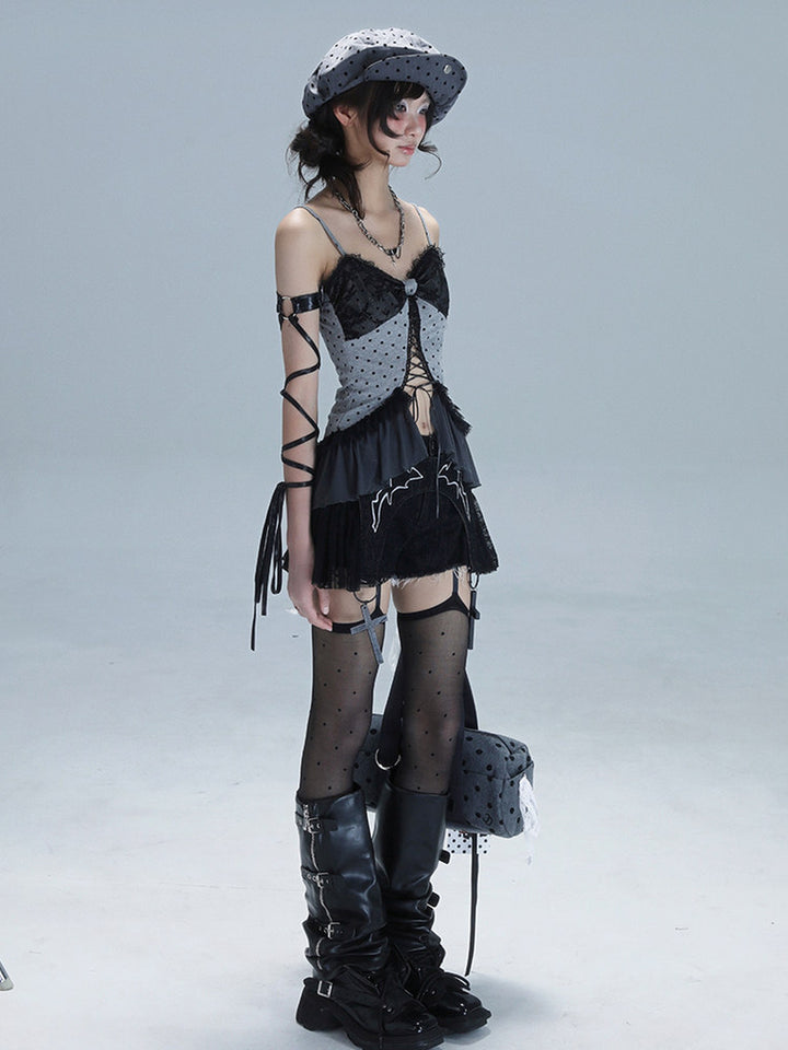 Gothic Lace-Up Ruffle Cami Top