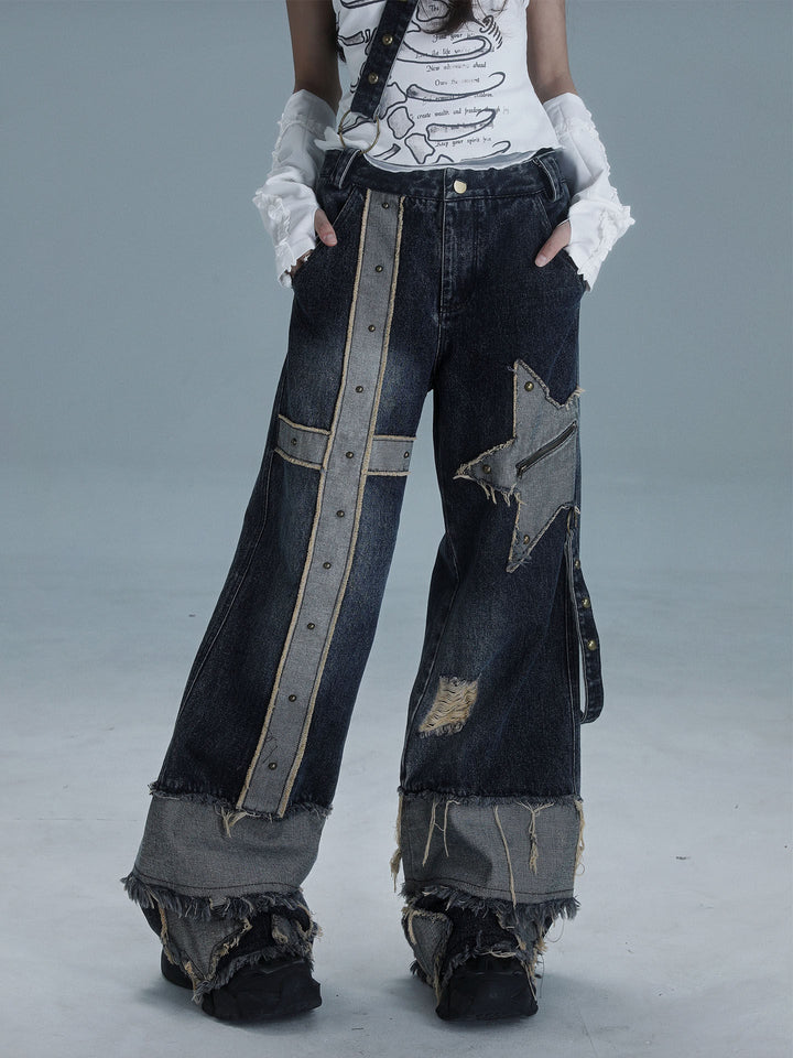 Grunge Star Patch Wide Leg Jeans