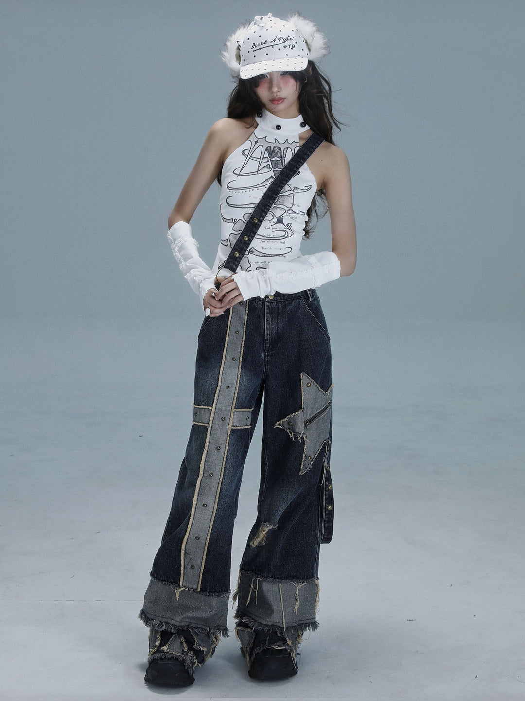Grunge Star Patch Wide Leg Jeans