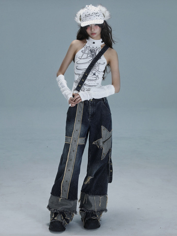 Grunge Star Patch Wide Leg Jeans
