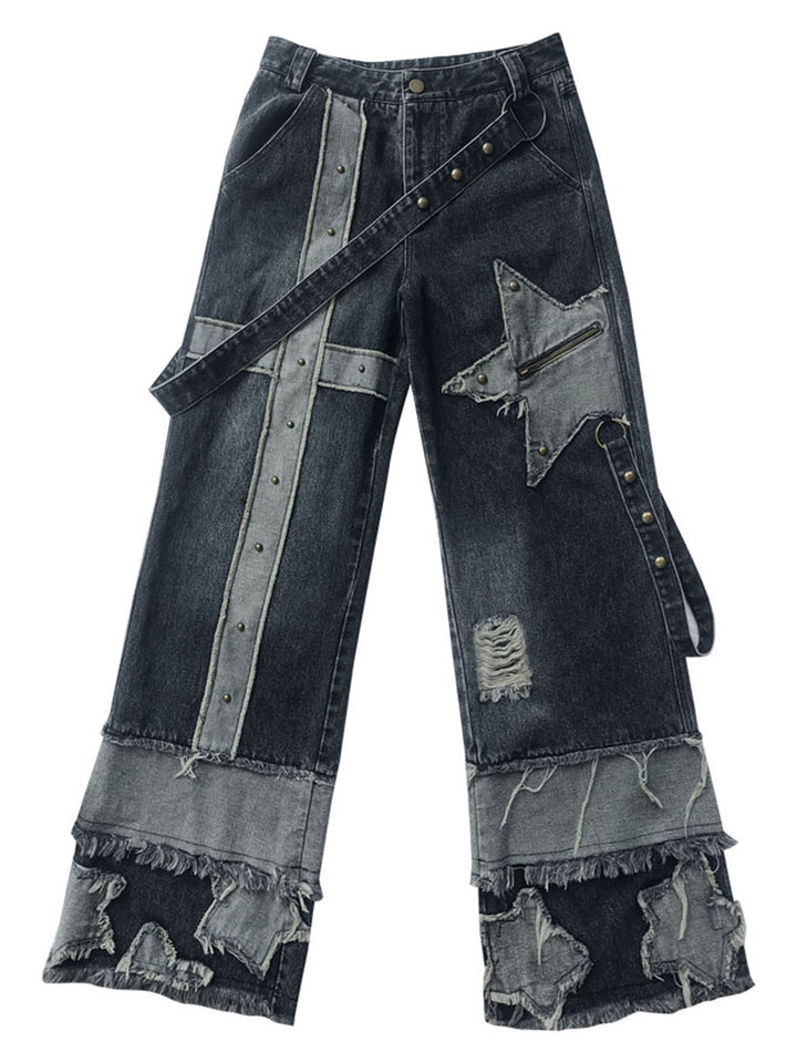 Grunge Star Patch Wide Leg Jeans