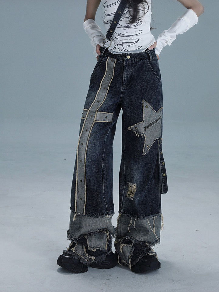 Grunge Star Patch Wide Leg Jeans